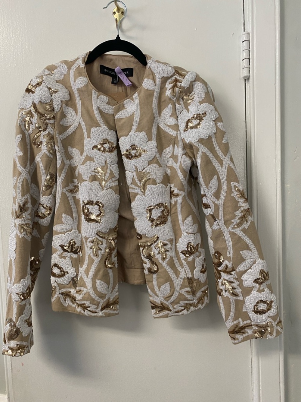 Boston Proper Beige Jacket with White Embroidered Florals and Gold Sequin Detail